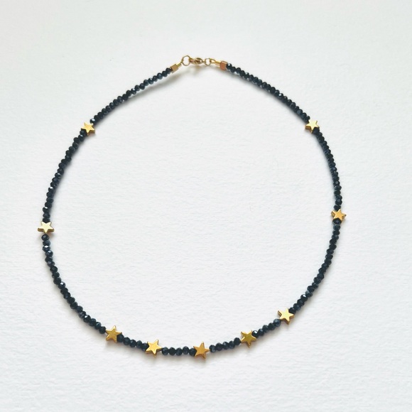 Starry Sky themed Mini Beaded choker necklace with 9 gold hematite stars - Picture 3 of 6